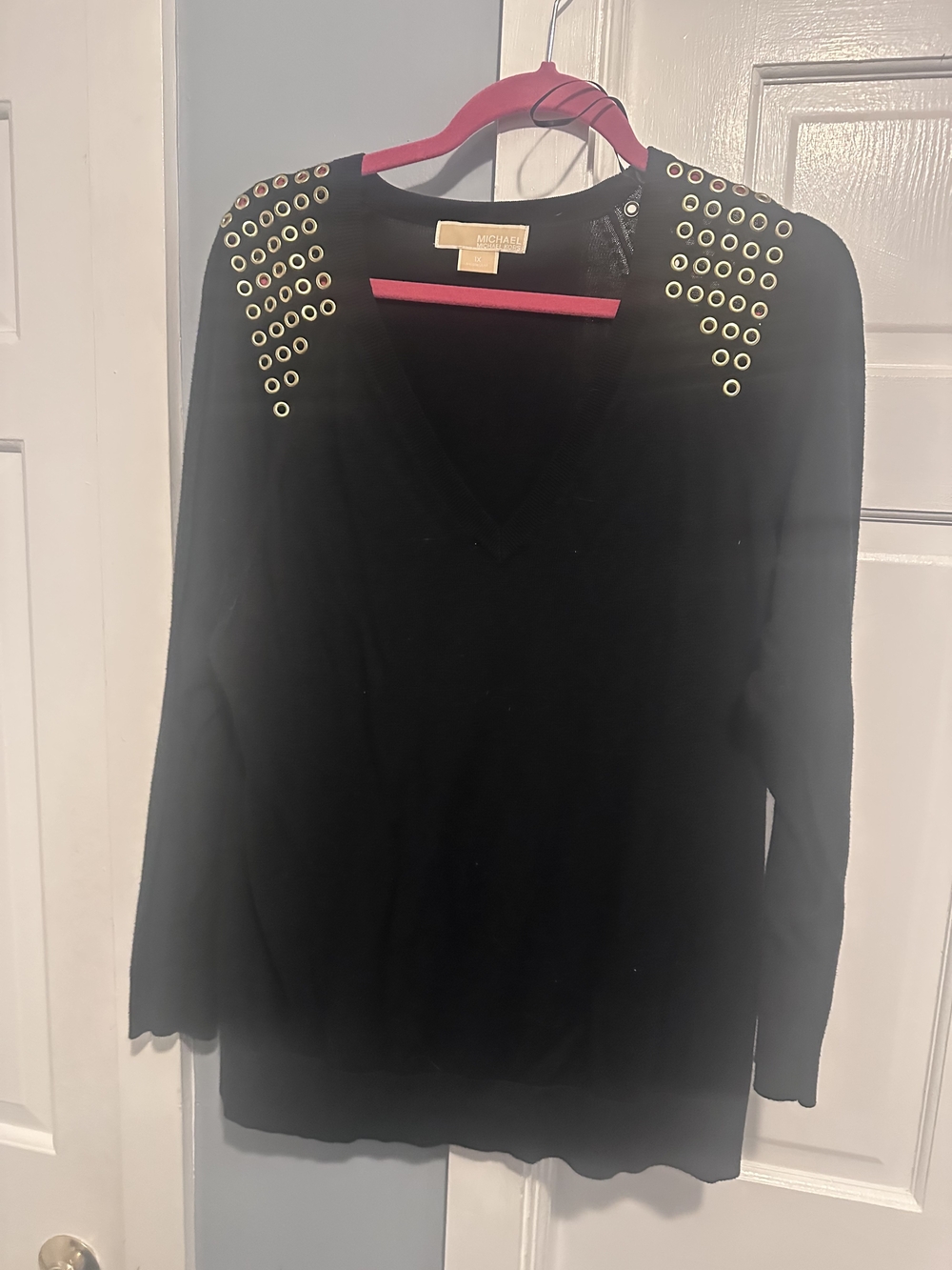 Michael Kors Black V-Neck Sweater with Gold Grommet Shoulders